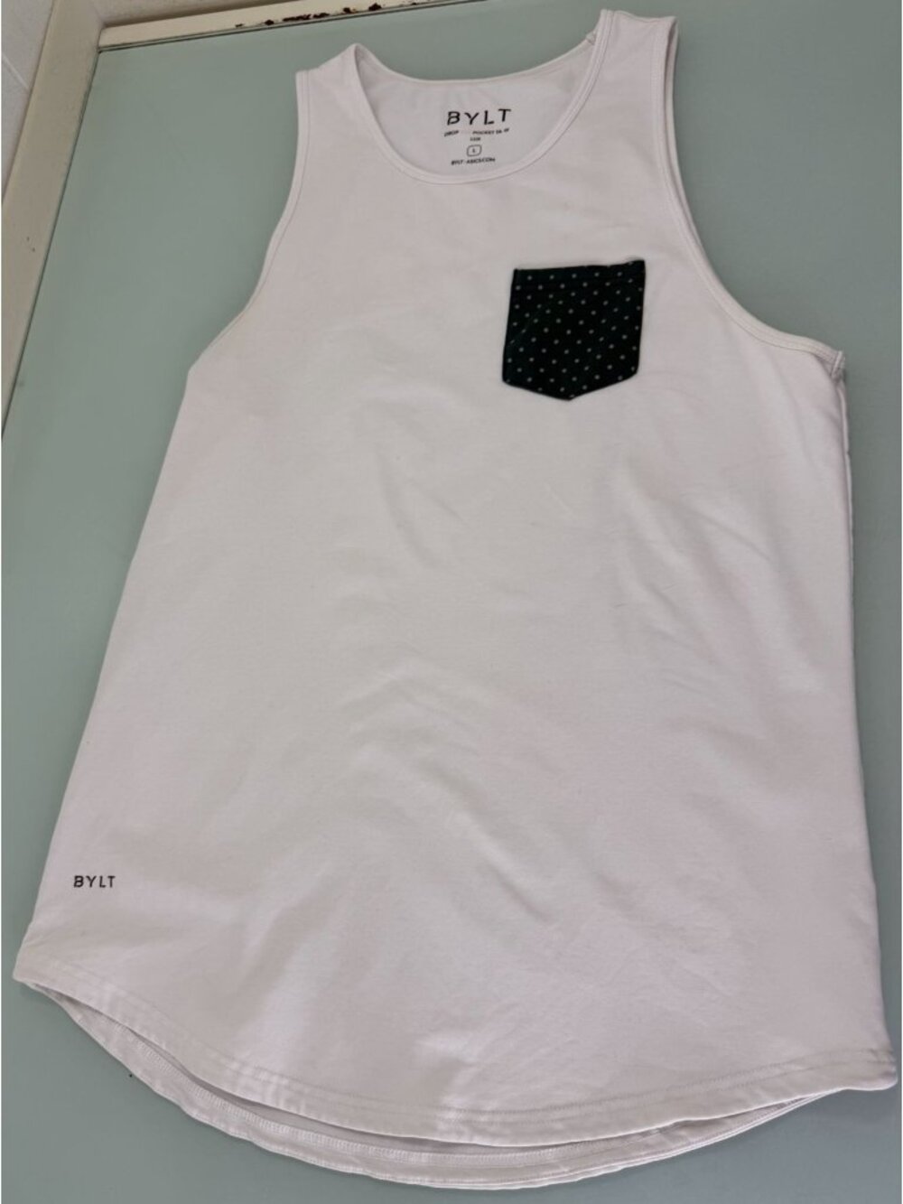 Bylt Drop Cut Tank Top Mens Large L White Green Pocket Muscle Shirt Gym Workout